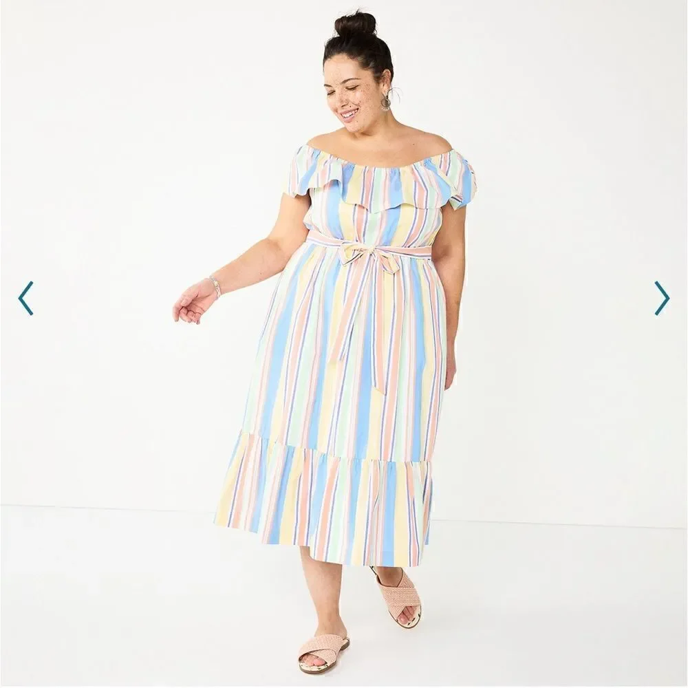 DRAPER JAMES RSVP Off Shoulder Ruffle Sleeve Striped Midi Dress *NEW*